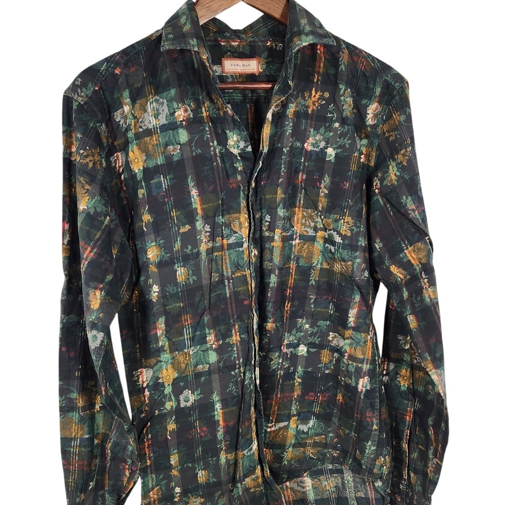 Zara Man Slim Fit Green Floral Plaid Button Up Long Sleeve Shirt Size READ
